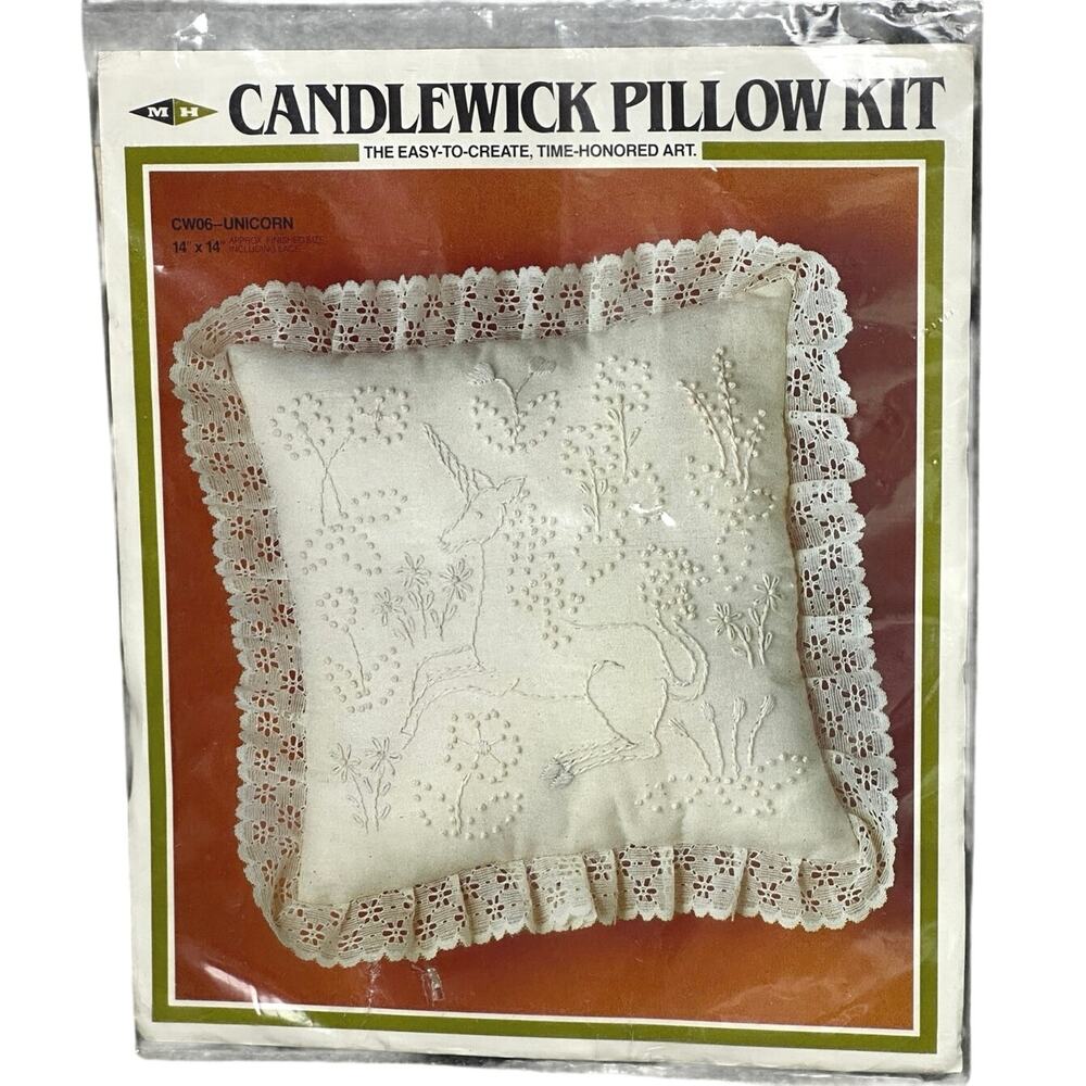 Vintage Candlewick pillow kit stitch kit UNICORN French Knots chic shabby 14x14